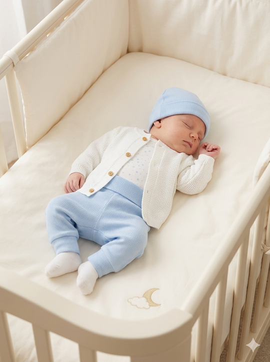 Set de Bienvenida Blanco/Azul Premium – Set de 5 Piezas en Hilo y Algodón