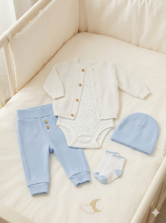 Set de Bienvenida Blanco/Azul Premium – Set de 5 Piezas en Hilo y Algodón
