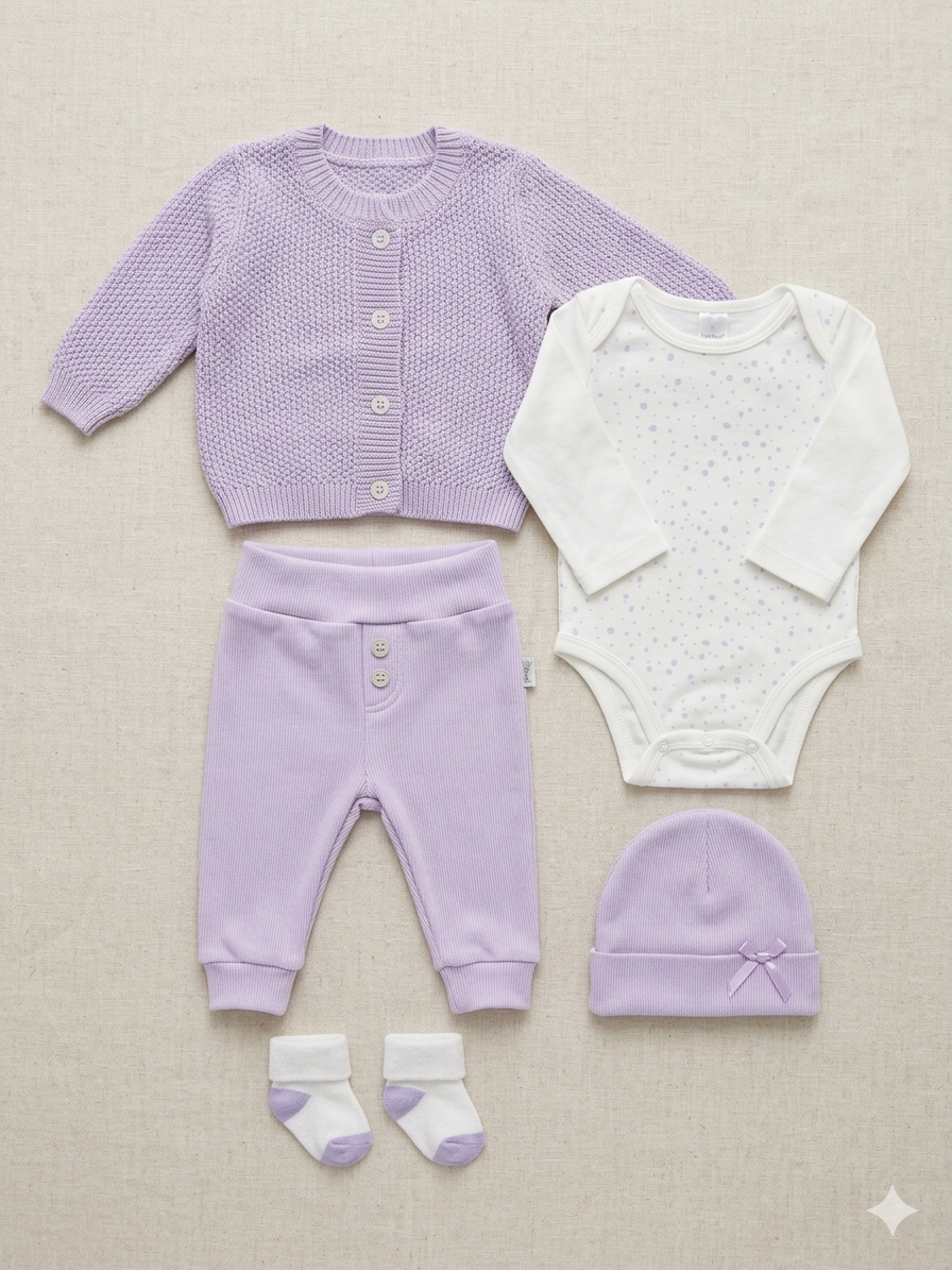Set de Bienvenida Lila/Blanco Premium – Set de 5 Piezas en Hilo y Algodón