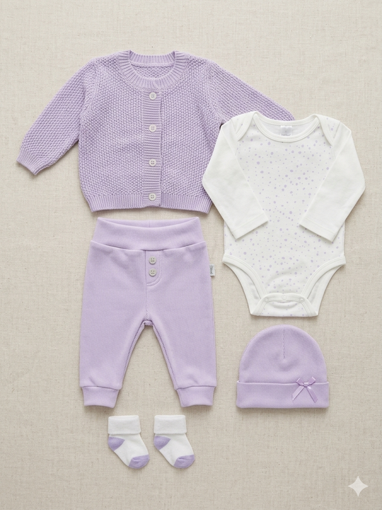 Set de Bienvenida Lila/Blanco Premium – Set de 5 Piezas en Hilo y Algodón