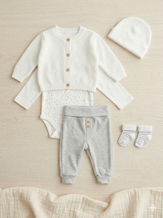 Set de Bienvenida Blanco/Gris Premium – Set de 5 Piezas en Hilo y Algodón