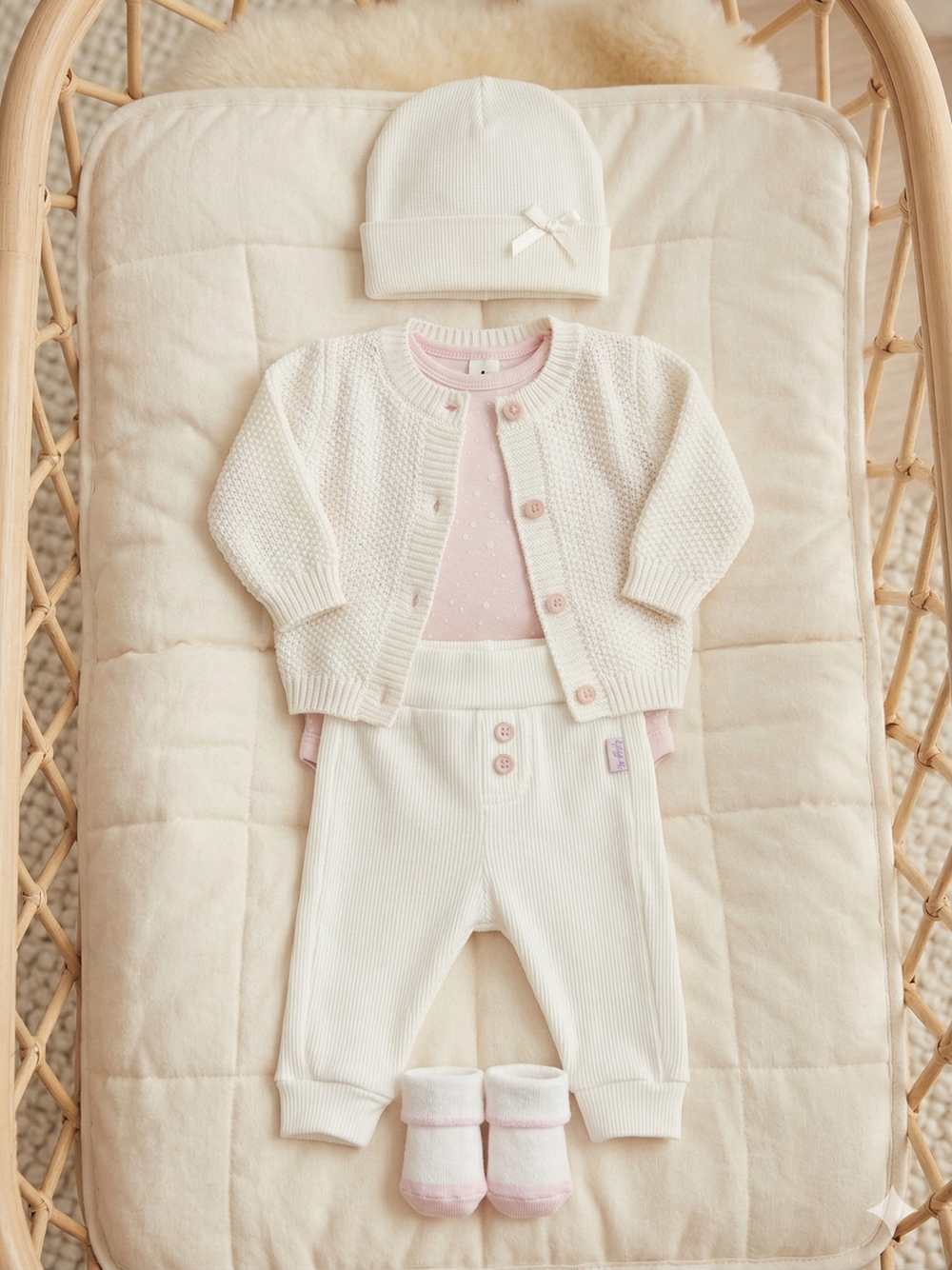 Set de Bienvenida Blanco/Rosa Premium – Set de 5 Piezas en Hilo y Algodón