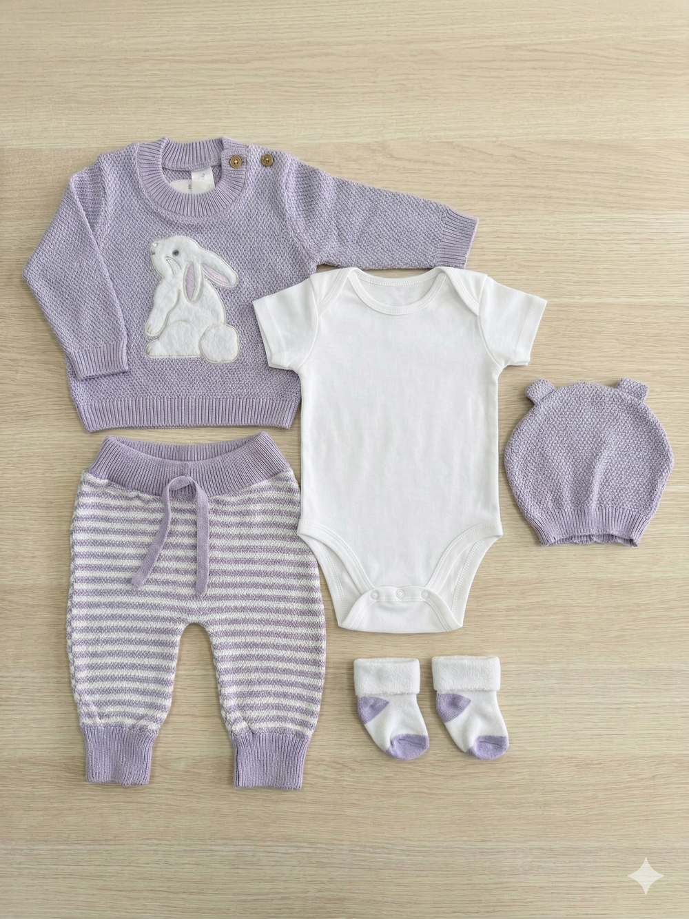 Set Primera Muda para Bebé Niña – Diseño Conejo Lila en Hilo de Algodón