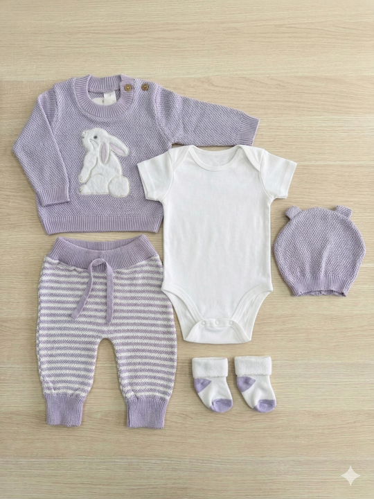 Set Primera Muda para Bebé Niña – Diseño Conejo Lila en Hilo de Algodón