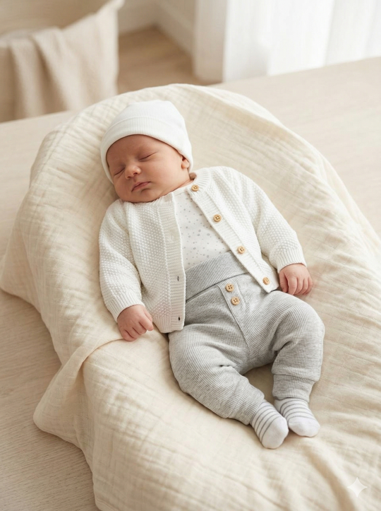 Set de Bienvenida Blanco/Gris Premium – Set de 5 Piezas en Hilo y Algodón