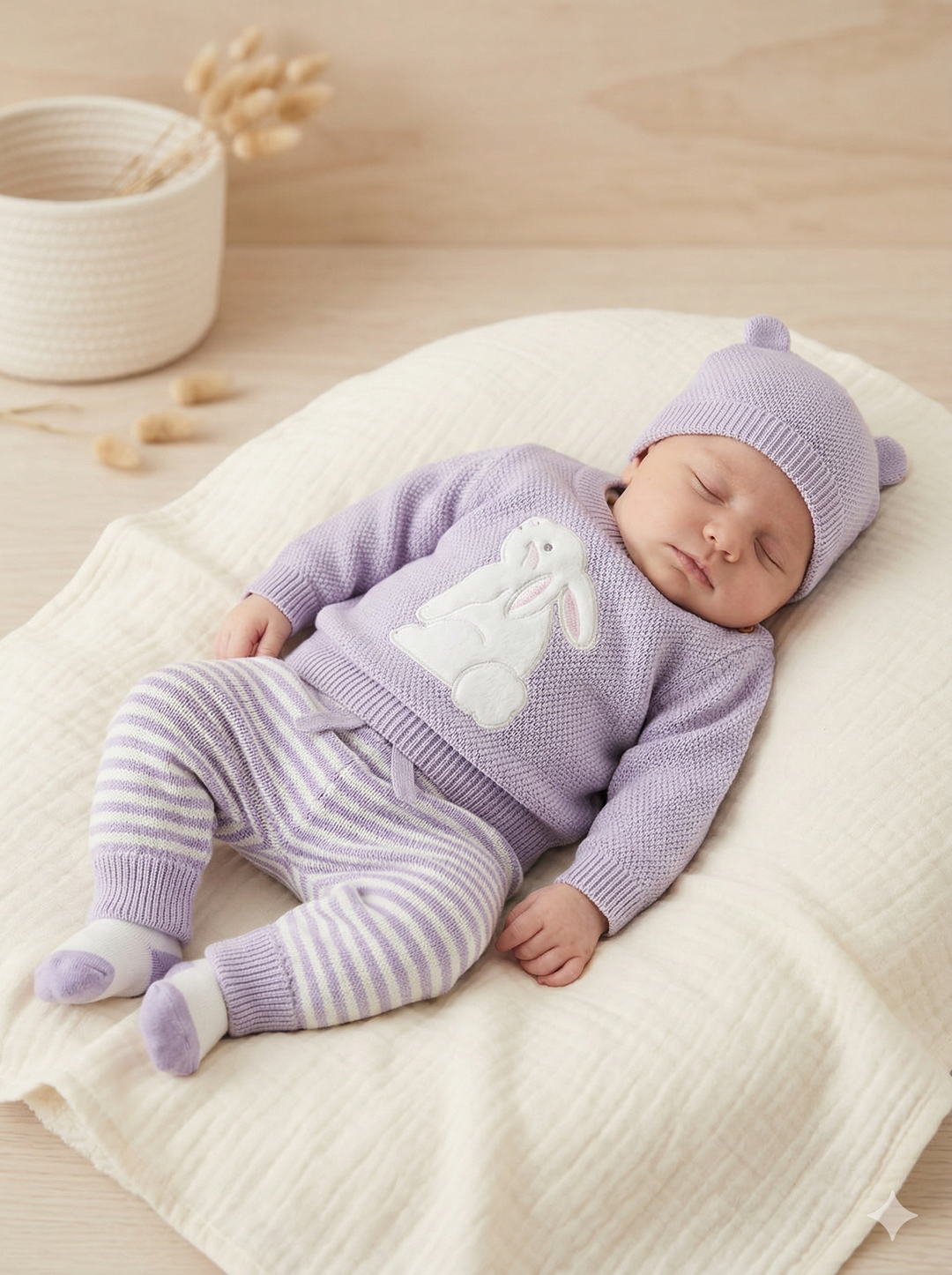 Set Primera Muda para Bebé Niña – Diseño Conejo Lila en Hilo de Algodón