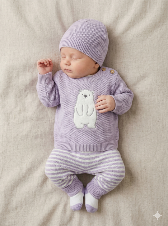 Set Primera Muda para Bebé Niña – Diseño Oso Lila en Hilo de Algodón