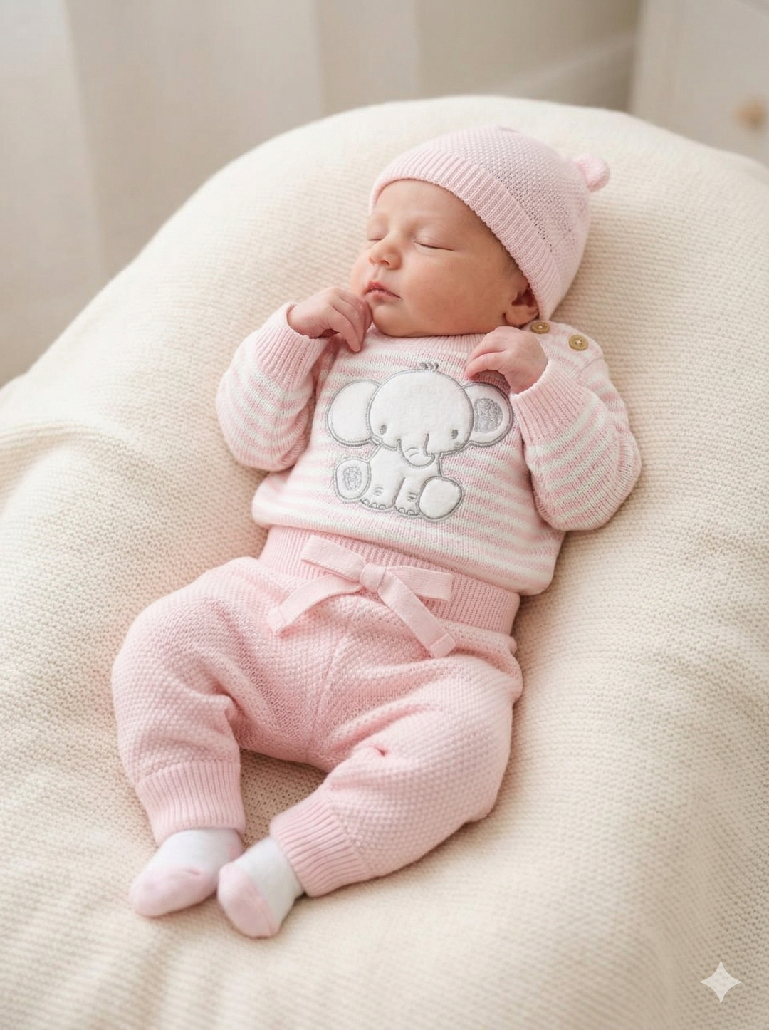 Set Primera Muda para Bebé Niña – Diseño Elefante Rosado en Hilo de Algodón