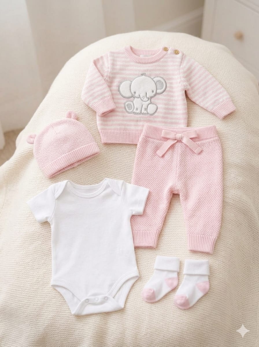 Set Primera Muda para Bebé Niña – Diseño Elefante Rosado en Hilo de Algodón
